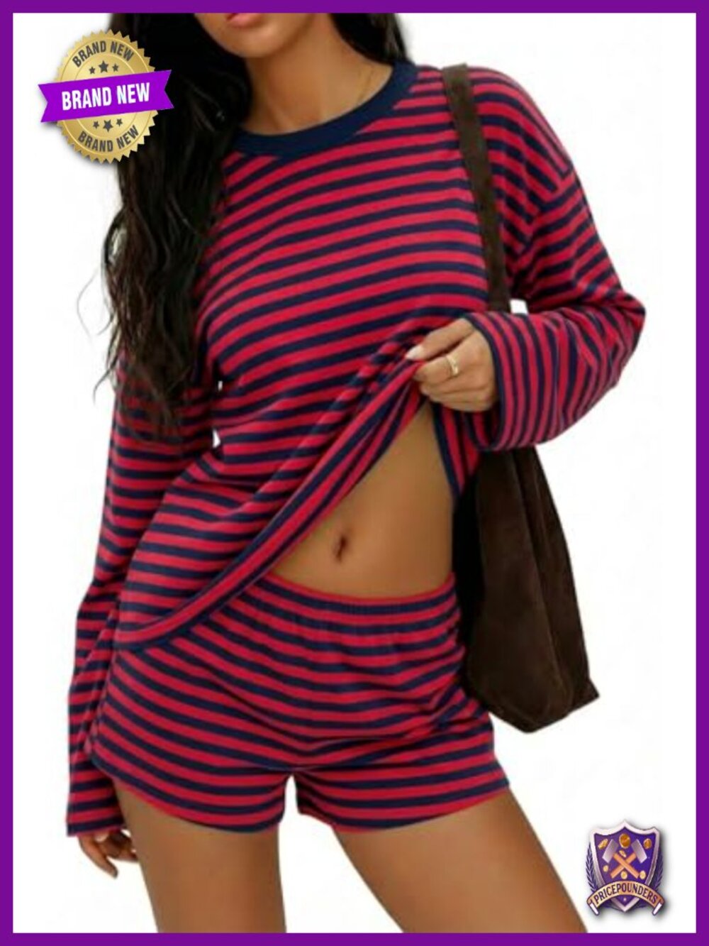 Women 2 Piece Cotton Lounge Set Long Sleeve Top & Shorts Striped